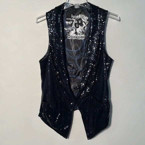 DESIGUAL "Happy Returns" Black Sequin Button Detail Fitted Party/NYE Vest SZ S - Picture 1 of 16